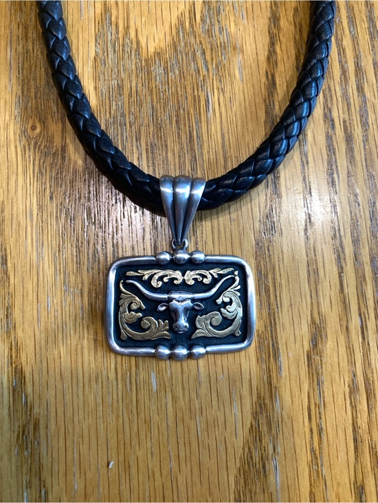 Other - Longhorn Pendant Leather Necklace - Black and Silver